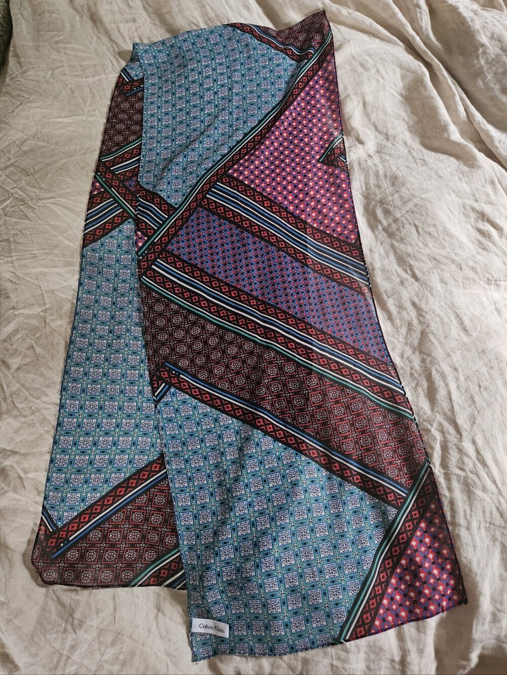 Calvin Klein Teal, Maroon and Purple Patterned Long Scarf